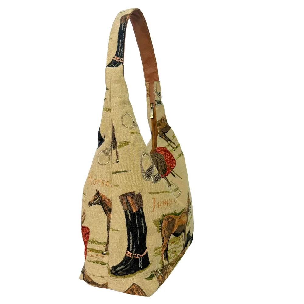 Signare Hobo Bag English Horse Riding Equestrian Print Tan Woven Tapestry Purse